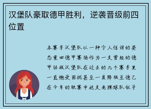 汉堡队豪取德甲胜利，逆袭晋级前四位置